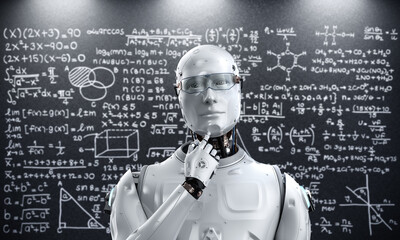 Machine learning concept with robot and math formula
