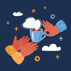 Vector illustration of Hand giving cup of coffee. Mug full of hot delicious beverage over dark backround.