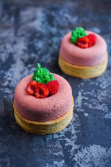 Raspberry tart with sponge cake, fruit sorbet and fresh raspberry