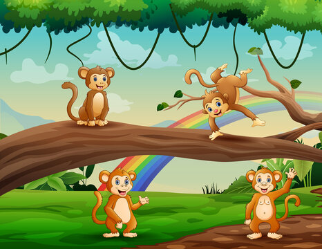 Happy monkeys cartoon playing in the jungle