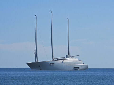 Zoom photo of "A" Super Yacht, World's Largest Sailing Yacht designed by Philippe Starck, belonging to the Russian tycoon Andrey Melnichenko in deep blue Aegean sea