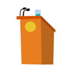 Wooden stand with microphone. Brown wood pulpit. Creative flat design. Modern vector illustration