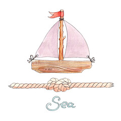 Nautical set: watercolor boat and rope. Isolated illustrations on white background.