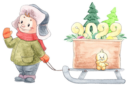 New Year watercolor illustration with funny boy and sled. Isolated illustrations on white background.