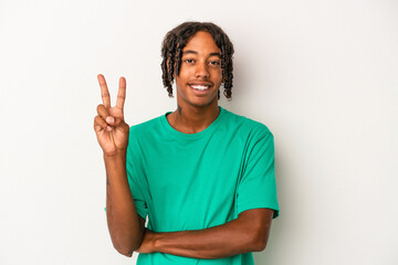 Young african american man isolated on white background showing number two with fingers.