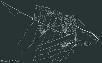 Detailed negative navigation urban street roads map on dark gray background of the quarter Fifth 5th municipality (Municipio 5) of the Italian regional capital city of Bari, Italy