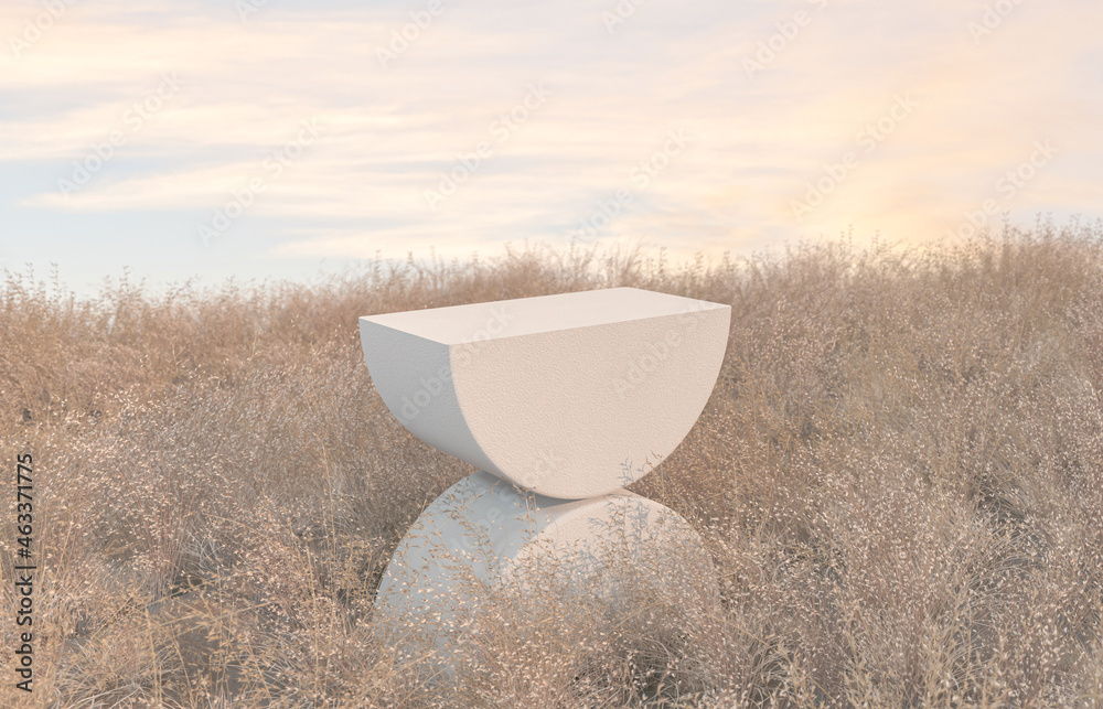 Fototapete abstract autumn landscape scene with a podium for product display. 3d rendering.