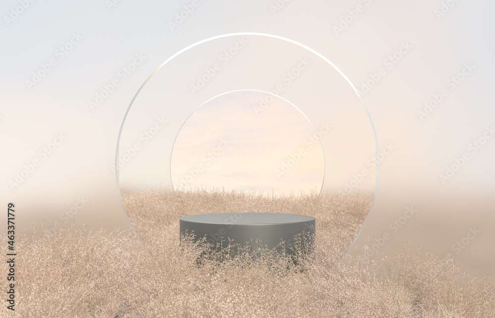 Fototapete abstract autumn landscape scene with a podium for product display. 3d rendering.