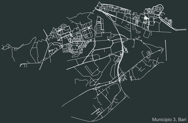 Detailed negative navigation urban street roads map on dark gray background of the quarter Third 3rd municipality (Municipio 3) of the Italian regional capital city of Bari, Italy