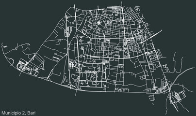 Detailed negative navigation urban street roads map on dark gray background of the quarter Second 2nd municipality (Municipio 2) of the Italian regional capital city of Bari, Italy