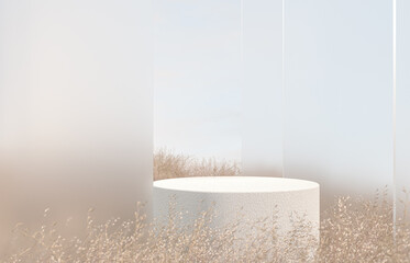 Abstract Autumn landscape scene with a podium for product display. 3D rendering.