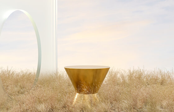 Abstract Autumn landscape scene with a podium for product display. 3D rendering.