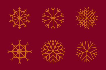 Group of gold snowflakes on burgundy color background.
Golden Christmas decoration design element. Xmas symbol, new year minimalist icon on dark red or purple backdrop for festive banner, postcard.