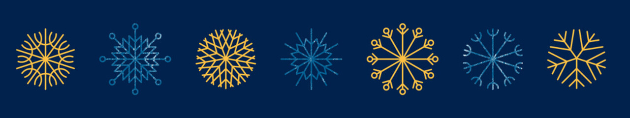 Group of light blue snowflakes on dark-blue color background.
Christmas decoration design element. Xmas symbol, new year minimalist icon on deep blue or mazarine backdrop for festive banner, postcard. - obrazy, fototapety, plakaty