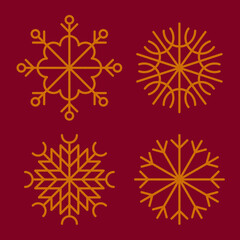 Group of gold snowflakes on burgundy color background.
Golden Christmas decoration design element. Xmas symbol, new year minimalist icon on dark red or purple backdrop for festive banner, postcard.
