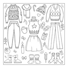 A set of winter New Year cozy clothes sweater trousers skirt shoes