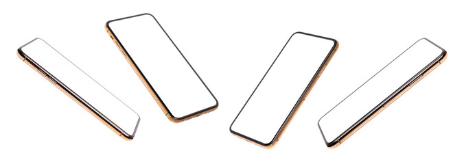 flat rays ,collection of goldden smartphone mockup blank screen isolated with clipping path on white background