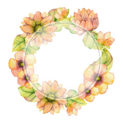 Round frame with pink and yellow watercolor flowers for save the date invitations, RSVP, thank you cards
