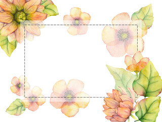 Rectangular frame with pink and yellow watercolor flowers for save the date invitations, RSVP, thank you cards