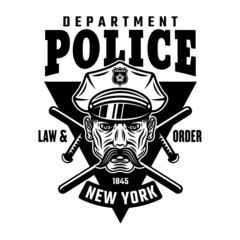 Policeman, two crossed batons and text police department. Vector emblem or t-shirt print in monochrome style isolated on white background