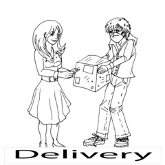 Woman receives a parcel from a courier. Vector sketch illustration.
