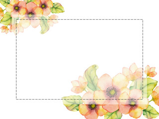 Rectangular frame with pink and yellow watercolor flowers for save the date invitations, RSVP, thank you cards
