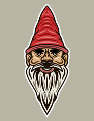 Garden gnome bearded head vector illustration in colorful cartoon style isolated on light background