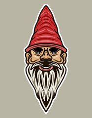 Garden gnome bearded head vector illustration in colorful cartoon style isolated on light background