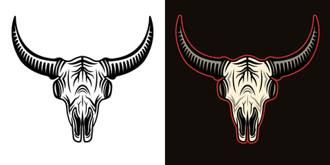 Bull or bison skull head in two styles black on white and colorful on dark background vector illustration © Flat_Enot