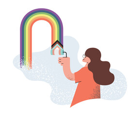 Young woman painting wall with rainbow colors. Smiling girl drawing LGBTQ plus rainbow flag on the wall vector cartoon illustration isolated on white background. Human rights and tolerance concept.