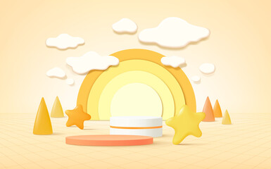 3d product podium, pastel color background, clouds, weather with empty space for kids or baby product.
