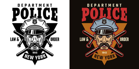 Obraz premium Policeman, two crossed batons and text police department vector emblem, label, badge or logo in two styles black on white and colorful on dark background