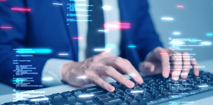 Business man using computer hand close up futuristic cyber space AI chatbot assistance finance coding background, business data analytics programming online network metaverse digital world technology 