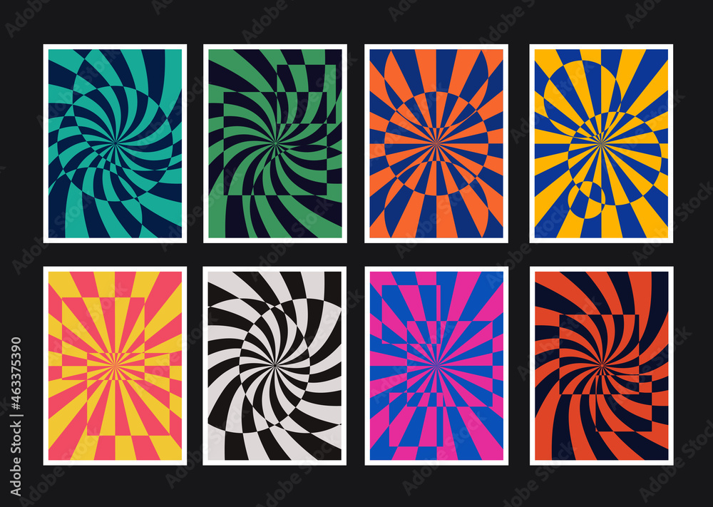 Poster set of abstract optical illusion posters. collection of spiral abstraction art backgrounds. cool ret