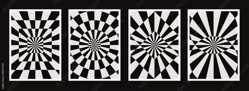 Poster Collection of Monochrome Optical Illusion Backgrounds. Set of Geometric Abstract Posters. Psychedelic Abstraction Pattern.