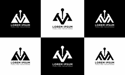 Set of Logo with the letter M and fountain pen logo design vector template. on a black and white background.