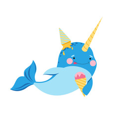 Narwhal or underwater unicorn characters with ice cream. Cute whale unicorn with funny face on white background. Undersea world. 
