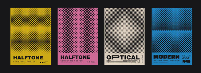 Set of Monochrome Halftone Posters. Collection Of Modern Minimalist Posters. Swiss Design Covers. Abstract Dots Backgrounds. © t1m0n344