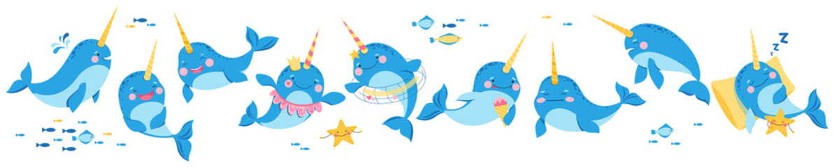 Narwhal or underwater unicorn characters with fishes and starfishes. The cute whale with funny faces. Illustration isolated on white background. Objects for your design © Natallia