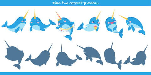 Shadow matching game for preschool children. Cute whale unicorn. Narwhal or underwater unicorn.  Educational activity for children. 