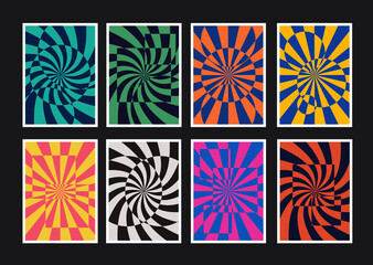 Set of Abstract Optical Illusion Posters. Collection of Spiral Abstraction Art Backgrounds. Cool Retro Placards Vector Design.
