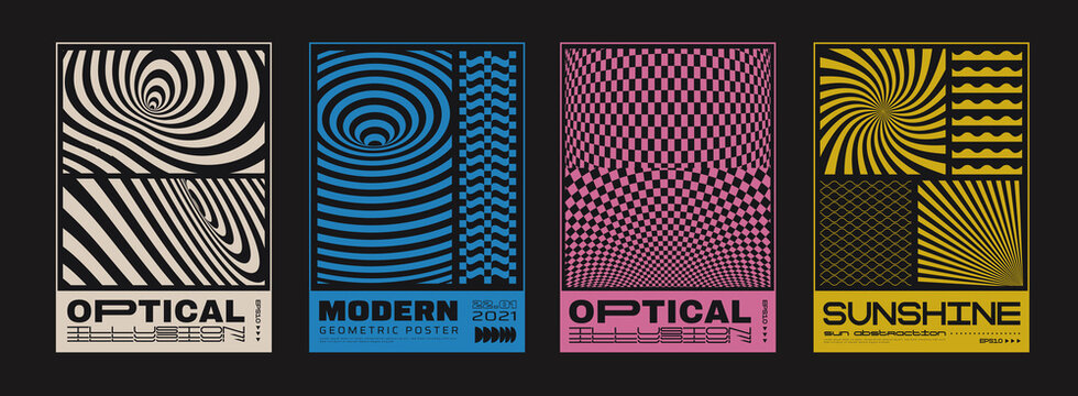 Collection of Swiss Design posters. Abstract Monochrome Optical Illusion Placards. Cool Meta-Modern Backgrounds.