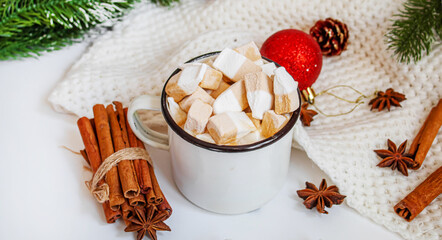 Fototapeta na wymiar Christmas Cocoa with marshmallows. neweyar.Holiday. Selective focus