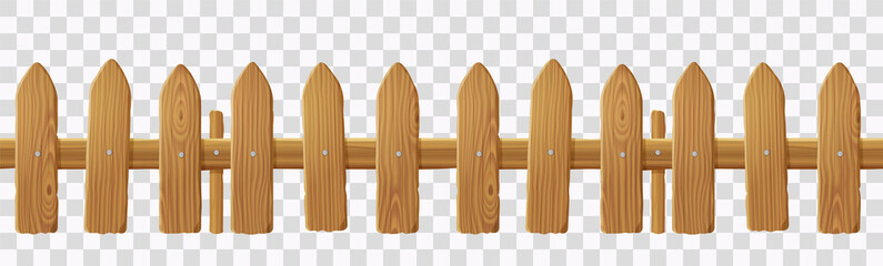 Old wooden picket fence isolated on transparent background. Vector realistic barrier with wood texture for house backyard, rustic garden or farm. Seamless border with boundary from planks