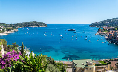 Aerial view of the beautiful beaches and the fantastic sea of Villefranche-sur-Mer