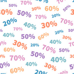 Vector seamless pattern with multicolored percent on a white background. 20, 30, 40, 50, 60, 70%.