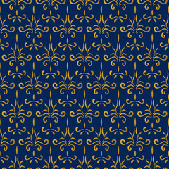 Vector seamless vintage pattern with golden floral elements on dark blue background.