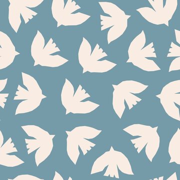 Fototapeta Inspired Matisse seamless pattern with  cutting  paper birds on a  blue background. Modern creative minimal design. Vector illustration