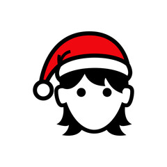 Icono plano con silueta de cara de mujer con sombrero de Papá Noel con lineas en color negro y rojo