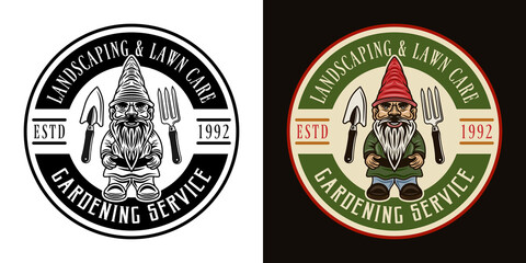 Gardening service, landscaping and lawn care vector vintage round emblem, badge, label or logo with gnome statuette in two styles black on white and colorful on dark background